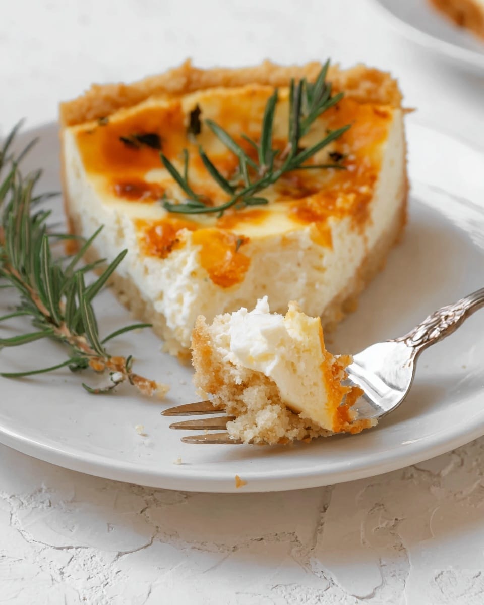 A slice of creamy white cheesecake topped with patches of golden brown baked crust and small green rosemary sprigs, resting on a white plate with a white marbled surface underneath; the crust is thick and light golden, the inside looks soft with smooth texture, with a silver fork beside it holding a bite showing crumbly crust and creamy filling. photo taken with an iphone --ar 4:5 --v 7