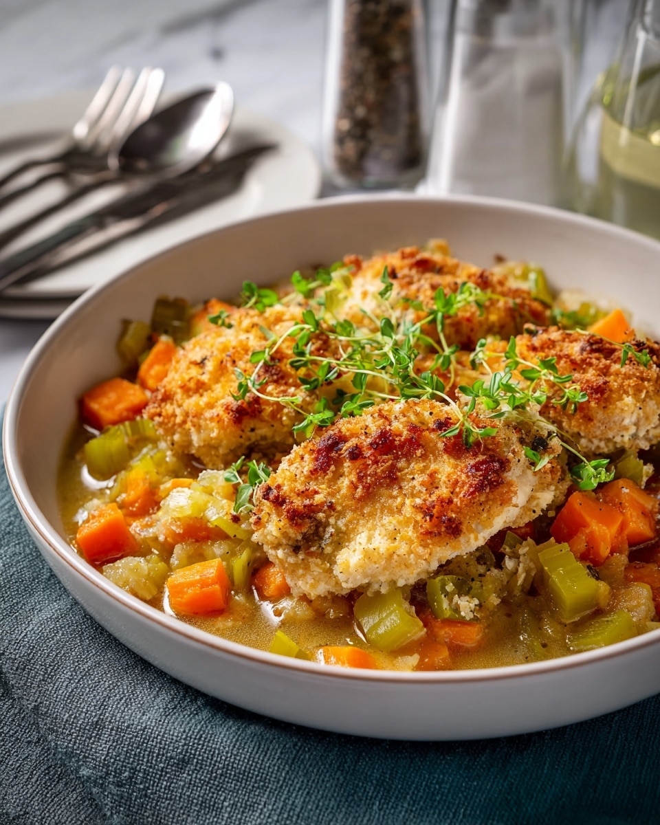 A close-up of a dish in a white ceramic bowl filled with a vegetable and chicken casserole. The bottom layer has diced orange carrots and light green celery in a light broth. On top, there are three golden brown, crispy pieces of breaded chicken, showing a crunchy texture. Fresh green herbs garnish the dish, adding a touch of color and freshness. The bowl sits on a white marbled surface with a salt and pepper shaker in the background and silver utensils resting on a gray cloth to the side. photo taken with an iphone --ar 4:5 --v 7