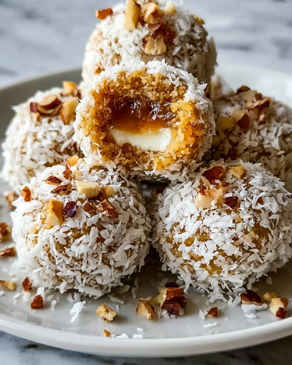 A close-up view of five round dessert balls arranged on a white plate, each coated with white shredded coconut flakes and small pieces of chopped brown nuts. One ball is cut open, showing a gooey caramel-colored outer layer with a golden-brown texture and a soft white creamy center inside. The balls have a rough, crumbly texture from the nuts and coconut on the outside, placed on a white marbled surface background. Photo taken with an iphone --ar 4:5 --v 7