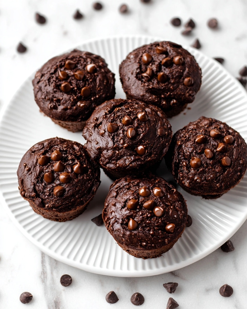The image shows six small chocolate muffins arranged on a white plate with a ridged edge. Each muffin is dark brown with a rough, textured top spread with thick chocolate batter and studded generously with shiny chocolate chips that catch the light, adding a glossy contrast to the matte cake surface. The muffins are spaced evenly on the plate, which rests on a white marbled surface that adds a soft, elegant feel to the scene. Scattered chocolate chips decorate the marbled background around the plate, enhancing the rich chocolate theme. Photo taken with an iphone --ar 4:5 --v 7