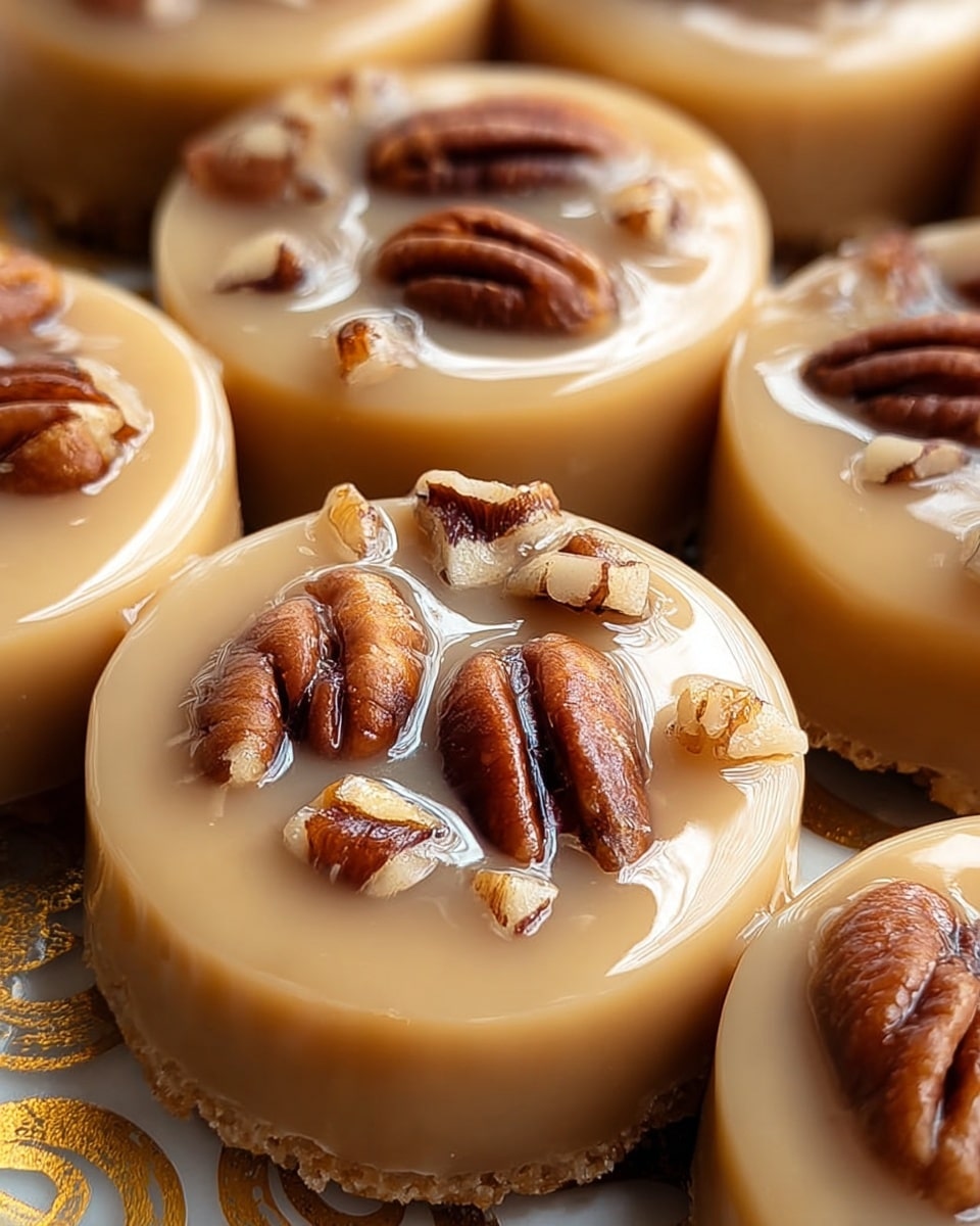 The image shows round creamy caramel candies topped with pecan halves and small pieces, arranged closely together. Each candy has two visible layers: a sticky, smooth light caramel-colored top with glossy shine and pecan pieces embedded on it, and a lighter base with a slight crumbly texture visible at the edges. The candies rest on a surface with a soft golden pattern barely visible beneath them, but the description changes it to a white marbled texture. Photo taken with an iphone --ar 4:5 --v 7