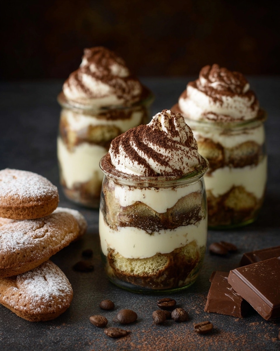 Three small glass jars filled with tiramisu sit on a dark surface with coffee beans scattered around. Each jar shows four layers, starting with a light cream layer at the bottom, followed by a thick sponge layer soaked in coffee, then another cream layer, another sponge layer, and topped with a thick swirl of cream dusted with cocoa powder, slightly spilling over the jar rim. To the left, three ladyfinger cookies dusted with powdered sugar lie stacked, and on the right, pieces of milk chocolate rest near the jars. The background is dark, putting focus on the jars and their soft textures. photo taken with an iphone --ar 4:5 --v 7