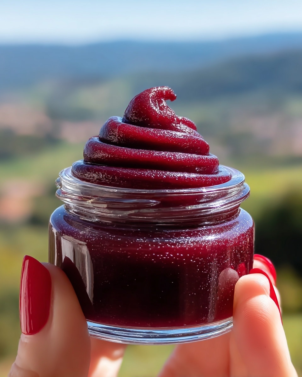 A small clear glass jar filled with dark red thick paste, topped with a smooth swirl of the same deep red paste rising above the rim. The paste has a slightly shiny, glossy texture with visible tiny bubbles on its surface. In the foreground, a woman's hand with red nail polish holds the jar gently by its base. The background is blurred but shows a green and blue outdoor scene with hills and sky. photo taken with an iphone --ar 4:5 --v 7