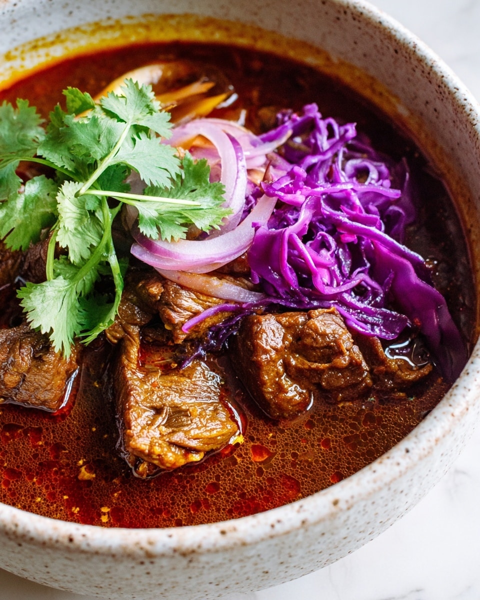 A close-up view of a white speckled bowl filled with dark reddish-brown stew that has a rich, thick texture. Inside the stew, there are several pieces of tender brown meat and curled, soft purple-red onion slices partially submerged. On the right side, there is a small pile of thinly sliced bright purple cabbage adding a fresh and crunchy layer. On top, a few green fresh cilantro leaves with stems lay across the stew, adding a pop of color and freshness. The bowl is on a white marbled surface. Photo taken with an iphone --ar 4:5 --v 7