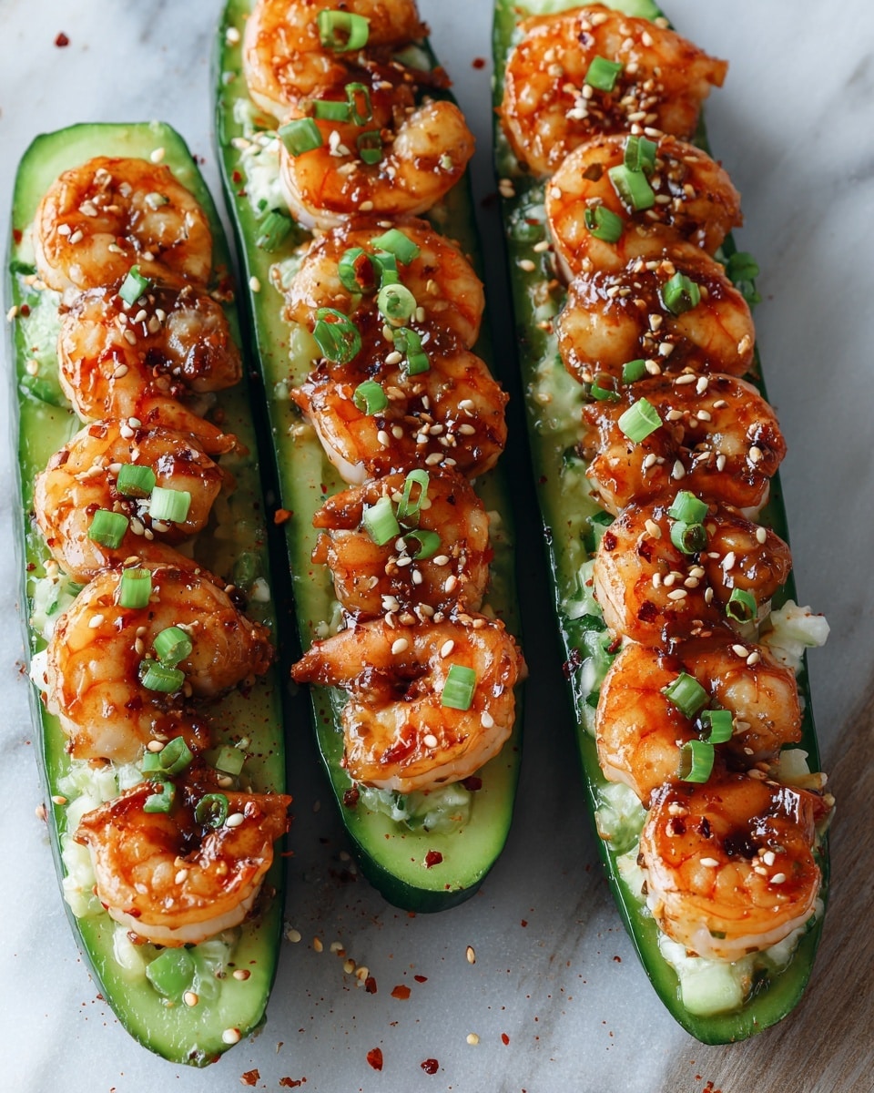 The image shows five cucumber boats arranged closely on a white marbled surface. Each cucumber is sliced in half lengthwise with three layers visible: the bottom layer is the bright green skin and pale green flesh of the cucumber, the middle layer is a white chopped filling, and the top layer consists of several large, glazed shrimp with a reddish-orange color, glistening from a sauce. The shrimp are sprinkled with small green onion pieces, sesame seeds, and red chili flakes, adding texture and colors of dark red, white, and green scattered over both the shrimp and the cucumbers. The close-up view emphasizes the moist and spicy look of the shrimp topping photo taken with an iphone --ar 4:5 --v 7