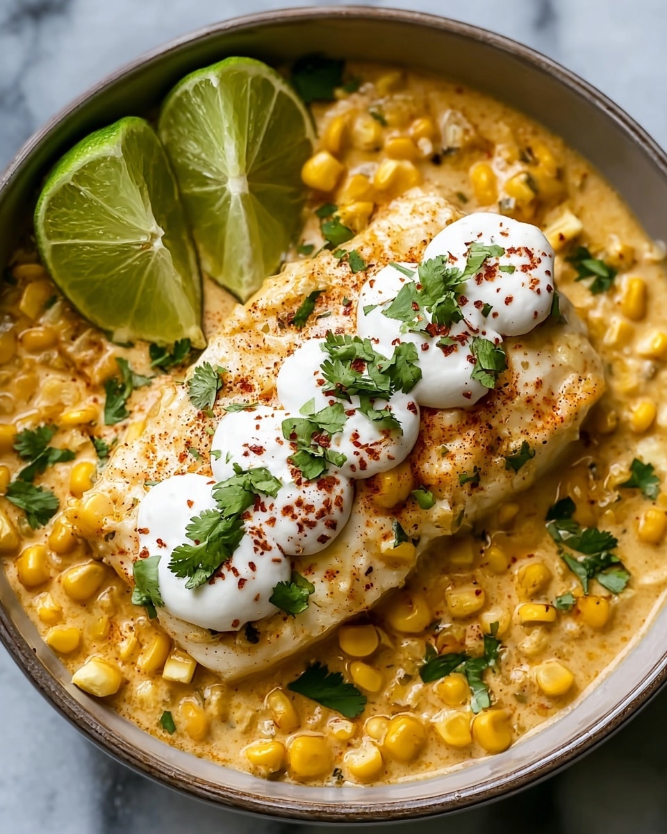 A close-up image of a bowl filled with creamy corn dish, with bright yellow corn kernels mixed into a thick orange sauce that looks smooth but slightly chunky. On top, there is a grilled piece of corn with some black char marks and a scoop of white cheese sprinkled with chopped green herbs and black pepper. On the left side of the bowl, there are three thick slices of fresh green lime with a few green herb leaves scattered around. The bowl is white and placed over a surface with a white marbled texture. photo taken with an iphone --ar 4:5 --v 7
