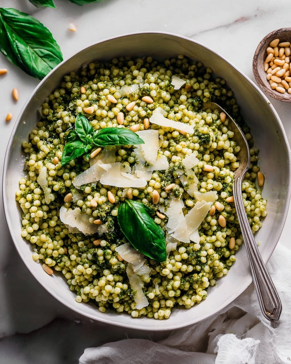 A large white bowl is filled with small, round Israeli couscous coated in a green pesto sauce, giving the dish a lightly shiny texture. On top, there are a few whole fresh basil leaves, thin strips of basil, and scattered pine nuts adding a beige contrast. Thin shavings of pale yellow Parmesan cheese are sprinkled across the surface. A silver spoon rests inside the bowl on the right side. The bowl sits on a white marbled surface with basil leaves and a white cloth nearby. Photo taken with an iphone --ar 4:5 --v 7