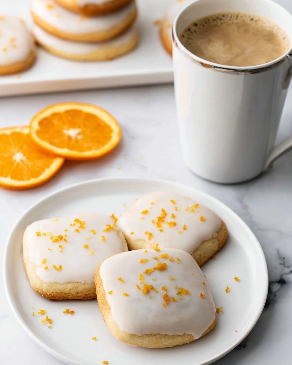 The image shows a white round plate with three square cookies placed in a neat row. Each cookie has a smooth white icing layer on top, decorated with small orange zest pieces scattered mainly on the upper side. The cookies have a soft golden-brown edge visible beneath the icing. To the right of the plate, there is a white tall cup filled with light brown frothy coffee. In the background, a white rectangular plate holds more iced cookies stacked loosely, and two orange halves sit on the white marbled surface near the plate. photo taken with an iphone --ar 4:5 --v 7