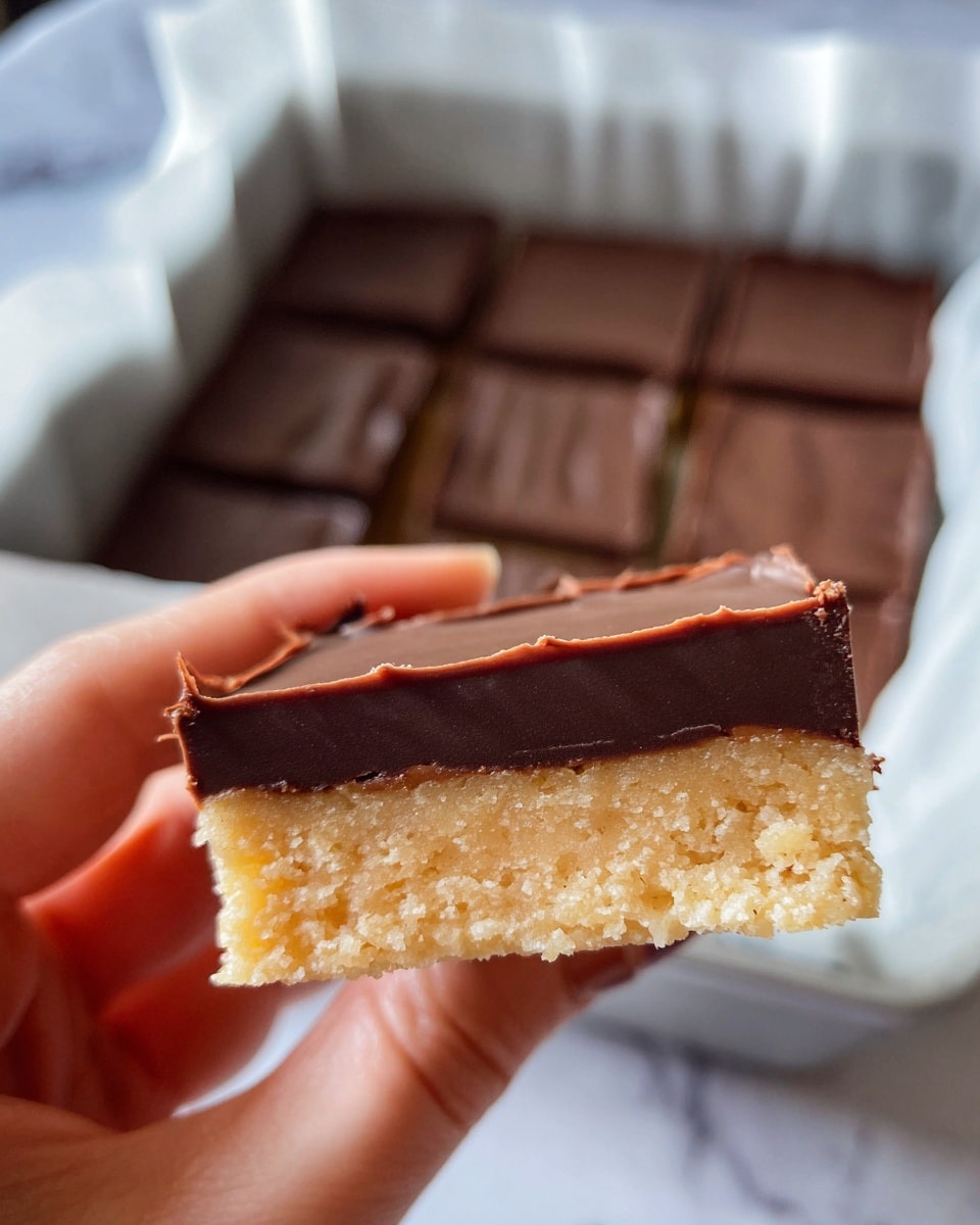 This image shows a metal baking pan lined with white parchment paper holding 16 square pieces of a two-layer dessert. The bottom layer is a crumbly, light golden brown crust with a rough texture, while the top layer is a smooth, glossy dark chocolate sheet covering each square evenly. Two pieces are slightly lifted and overlapping on the top right side, clearly showing the contrast between the thick chocolate top layer and the dense crust below. The pan sits on a white marbled surface. photo taken with an iphone --ar 4:5 --v 7