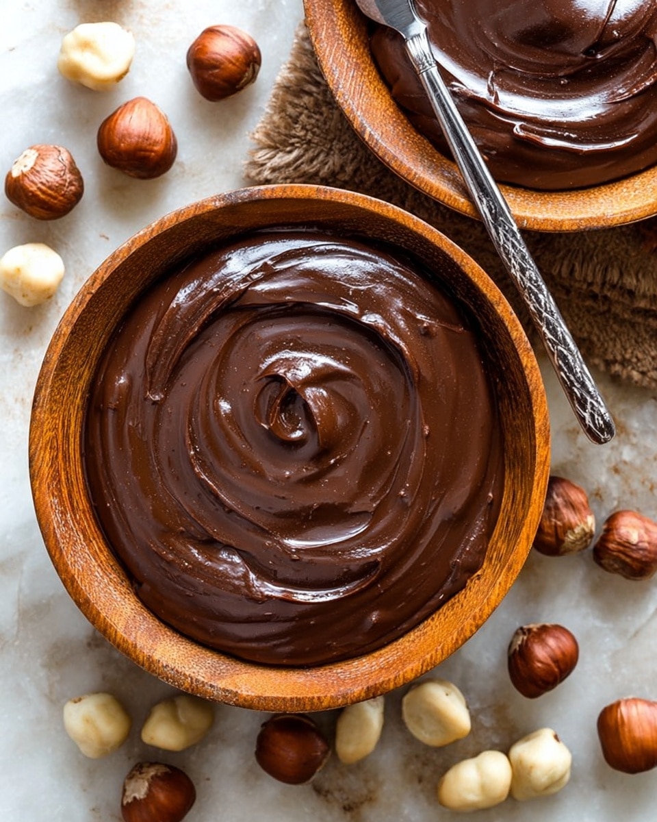 A close-up top view of two wooden bowls filled with smooth, glossy dark brown chocolate spread, showing a thick and creamy texture with swirled patterns on the surface. One bowl is fully visible in the center, while the other is partially visible at the top of the image with a silver knife resting inside it. Whole peeled and unpeeled hazelnuts in light beige and dark brown colors are scattered around the bowls on a white marbled textured surface. photo taken with an iphone --ar 4:5 --v 7