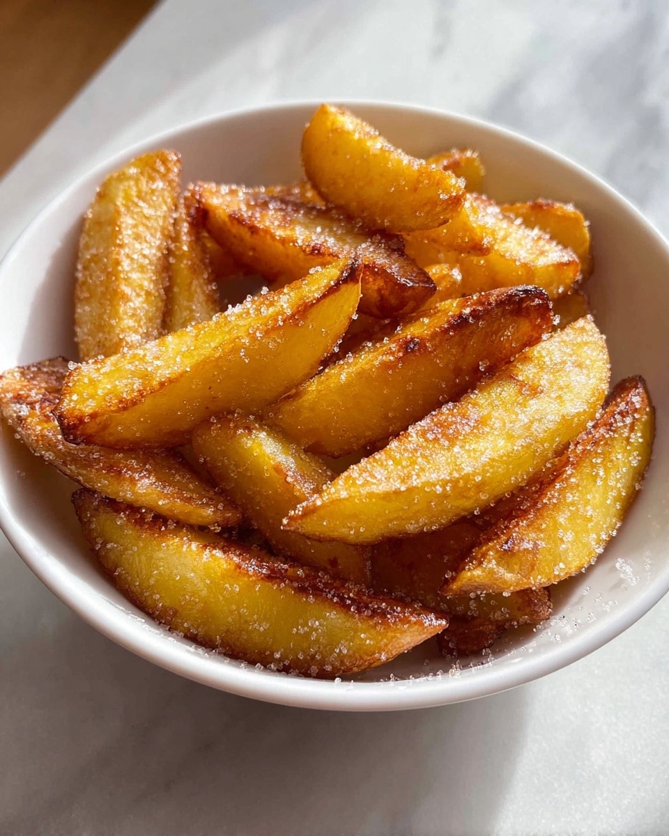 A white bowl filled with about three layers of golden yellow potato wedges, each wedge slightly crispy with a coating of fine, light brown sugar crystals that add texture and shine. The edges of the wedges are browned and slightly charred, showing they were baked or fried to a crisp. The bowl is set on a white marbled surface with soft shadows and warm sunlight casting through, highlighting the crunchy and sugary texture of the wedges. Photo taken with an iphone --ar 4:5 --v 7