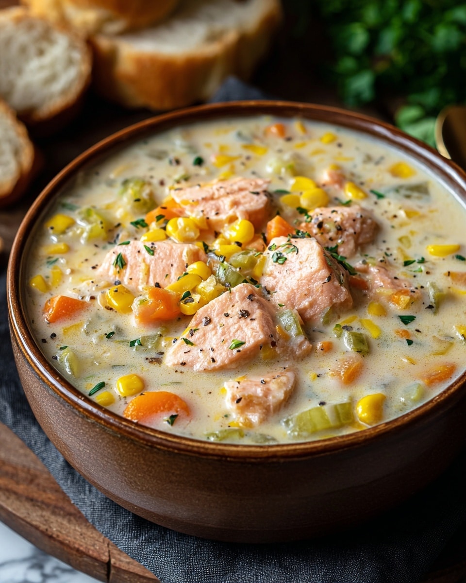 A thick soup with creamy light beige broth fills a brown bowl, containing large pink chunks of cooked salmon scattered evenly on top and within the soup. Bright yellow corn kernels, diced orange carrots, pale green celery pieces, and small dark green herb flakes float throughout the soup, creating a colorful mix. The surface shows a light sprinkle of black pepper and herb bits. In the background, pieces of bread and some green leafy garnish are blurred. The bowl sits on a wooden surface over a dark cloth, with a white marbled texture visible around the edges. photo taken with an iphone --ar 4:5 --v 7