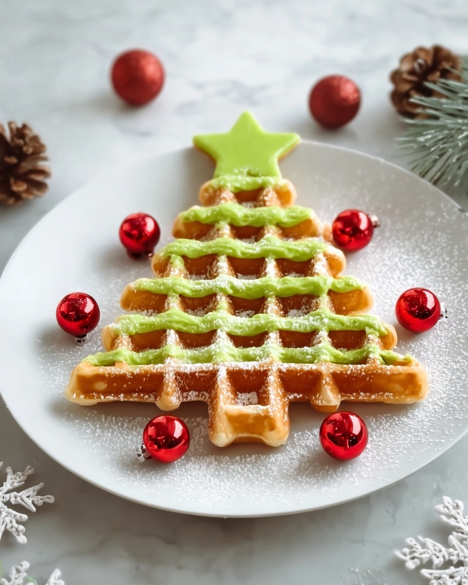 The image shows a waffle shaped like a Christmas tree on a white plate, placed on a white marbled surface. The waffle has two layers: the bottom layer is a golden brown waffle forming the tree shape, and the top layer is a bright green sauce or frosting, applied in a striped pattern to highlight the tree shape. A green star decoration is placed at the tip of the waffle tree. Around the plate, there are six small shiny red ball ornaments, and some powdered sugar is sprinkled lightly over the waffle and plate. Pine cones and white snowflake decorations are partially visible in the background. Photo taken with an iphone --ar 4:5 --v 7