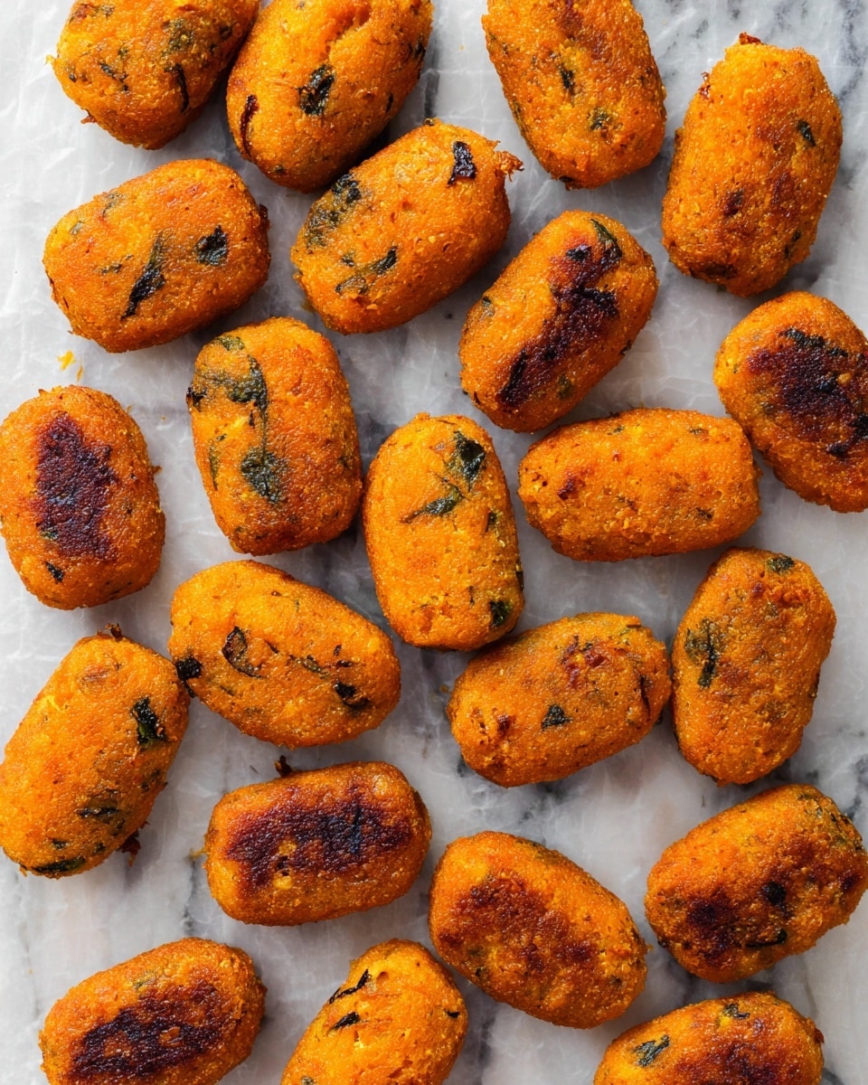 Many small, oval-shaped croquettes are laid out closely on a wrinkled, white marbled surface. Each croquette is golden orange with dark green bits inside and charred brown spots on the outer layer showing they are cooked evenly. The texture looks soft but firm, with some rough edges and a few cracks. The croquettes are arranged without overlapping, covering the whole image area evenly. photo taken with an iphone --ar 4:5 --v 7