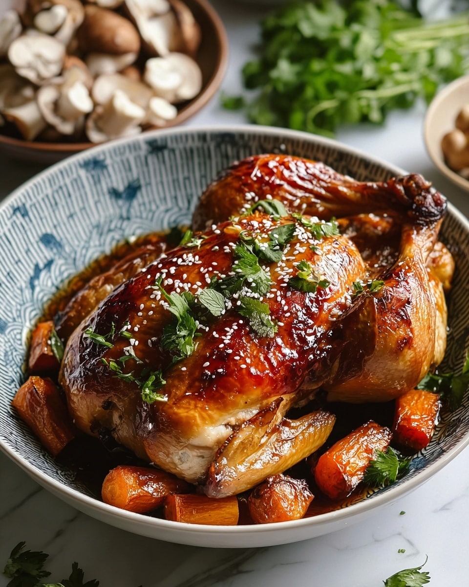 A glossy roasted whole chicken sits in a white bowl with a blue patterned interior, with the chicken cut into multiple pieces; the skin is golden brown and shiny, sprinkled with white sesame seeds and fresh green herb leaves. The chicken pieces are placed on top of small roasted orange carrots and garnished with green chopped herbs scattered around the bowl. In the background, there are creamy colored mushrooms and more green herbs adding contrast to the arrangement, all placed on a white marbled surface. photo taken with an iphone --ar 4:5 --v 7