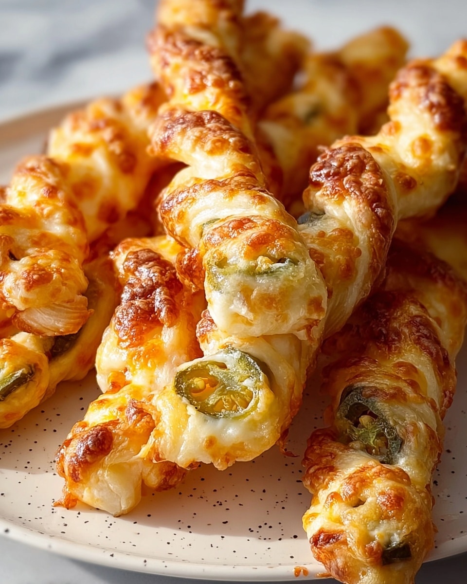 The image shows a close-up of several twisted cheese sticks on a white plate with small dark specks. Each stick has two visible layers: the outer layer is golden-brown, crispy, and puffed, with melted cheese oozing through the twists, while slices of green jalapeño peppers are embedded inside, providing spots of bright green color. The sticks are stacked close together, filling the plate fully, and the background is a white marbled texture. The lighting highlights the melted cheese's glossy texture and the crisp edges of the pastry. photo taken with an iphone --ar 4:5 --v 7