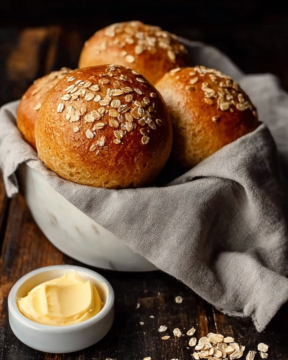 A white bowl filled with four golden brown bread rolls topped with scattered oats. The bread rolls have a shiny, slightly textured crust. The bowl is lined with a soft, gray cloth hanging over the edge with a few oats scattered on the dark wooden surface beneath. Next to the bowl, there is a small white bowl containing a smooth, pale yellow butter with a creamy texture. The background is dark, making the bread and bowls stand out against the white marbled texture. photo taken with an iphone --ar 4:5 --v 7