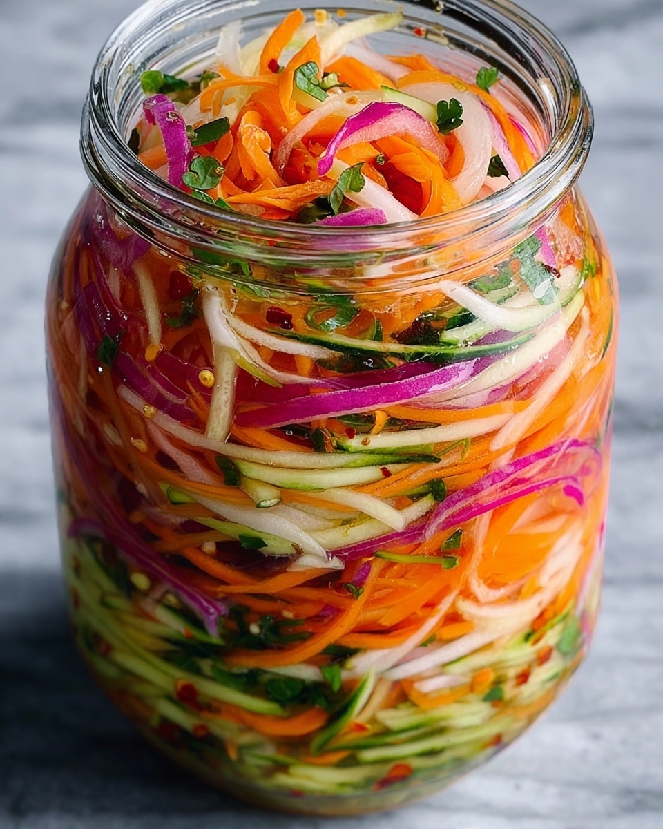 A close-up of a glass jar filled with colorful julienned vegetables, layered mainly with thin strips of orange carrots, white and light purple onions, and green cucumbers interspersed with small green herb leaves, all mixed and soaked in a clear liquid with visible chili flakes. The jar is sitting on a white marbled surface, and the vibrant, fresh textures of each vegetable layer stand out clearly. photo taken with an iphone --ar 4:5 --v 7