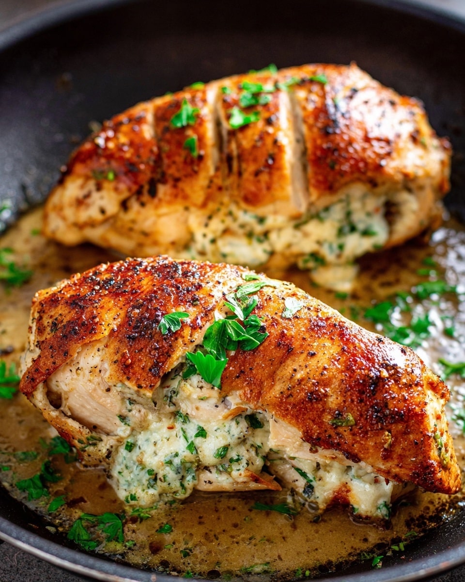 Two pieces of golden-brown stuffed chicken breast are in a black pan, each with a slightly crispy, seared surface showing some black pepper and brown spots. The chicken is cut open near the middle to reveal a creamy white cheese filling speckled with herbs. Bright green chopped parsley is scattered on and around the chicken, with some of the greens floating in a light brown sauce pooling at the bottom of the pan. The texture of the chicken looks juicy and tender, with smooth, rich sauce coating the pan’s base. photo taken with an iphone --ar 4:5 --v 7