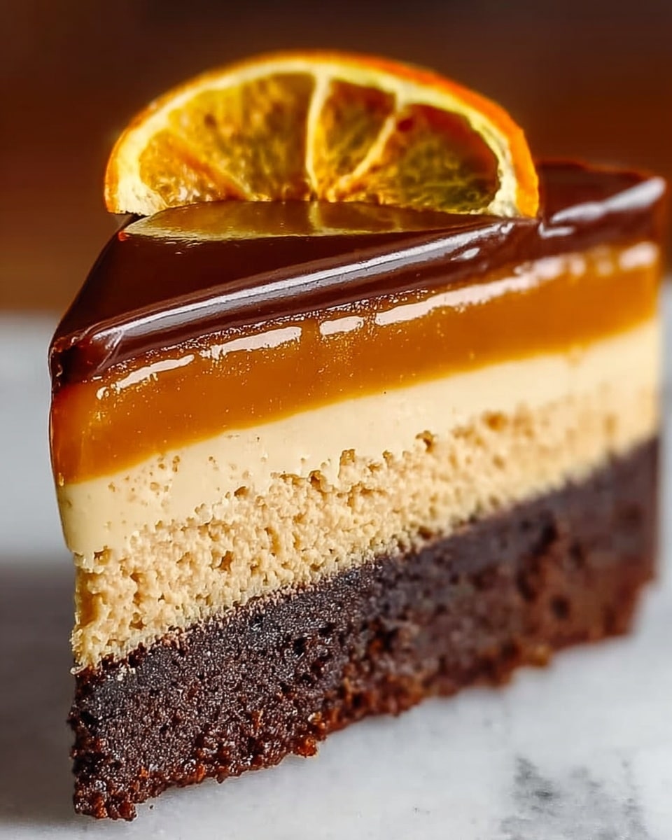 A close-up shot of a slice of cake with four distinct layers, placed on a white marbled surface. The bottom layer is a dark chocolate cake base with a rough texture. Above that is a thick, creamy beige layer with a smooth, fluffy texture. The third layer is a thin, shiny caramel layer in a rich amber color. The top layer is a glossy dark chocolate ganache with a smooth, reflective finish. On top of the cake slice, there is a dried orange slice placed leaning at an angle, adding a pop of orange color. Photo taken with an iphone --ar 4:5 --v 7