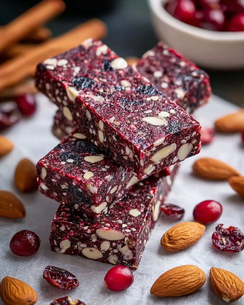 The image shows four stacked rectangular berry and seed bars placed on a white marbled surface with parchment paper underneath them. Each bar is deep red with visible bits of white seeds, dark berries, and nuts embedded throughout, creating a speckled texture. Around the bars are scattered whole almonds and bright red cranberries, adding color contrast. The background includes blurred cinnamon sticks and a white bowl filled with more cranberries. The lighting highlights the glossy surface of the bars and the natural textures of the nuts and berries, photo taken with an iphone --ar 4:5 --v 7