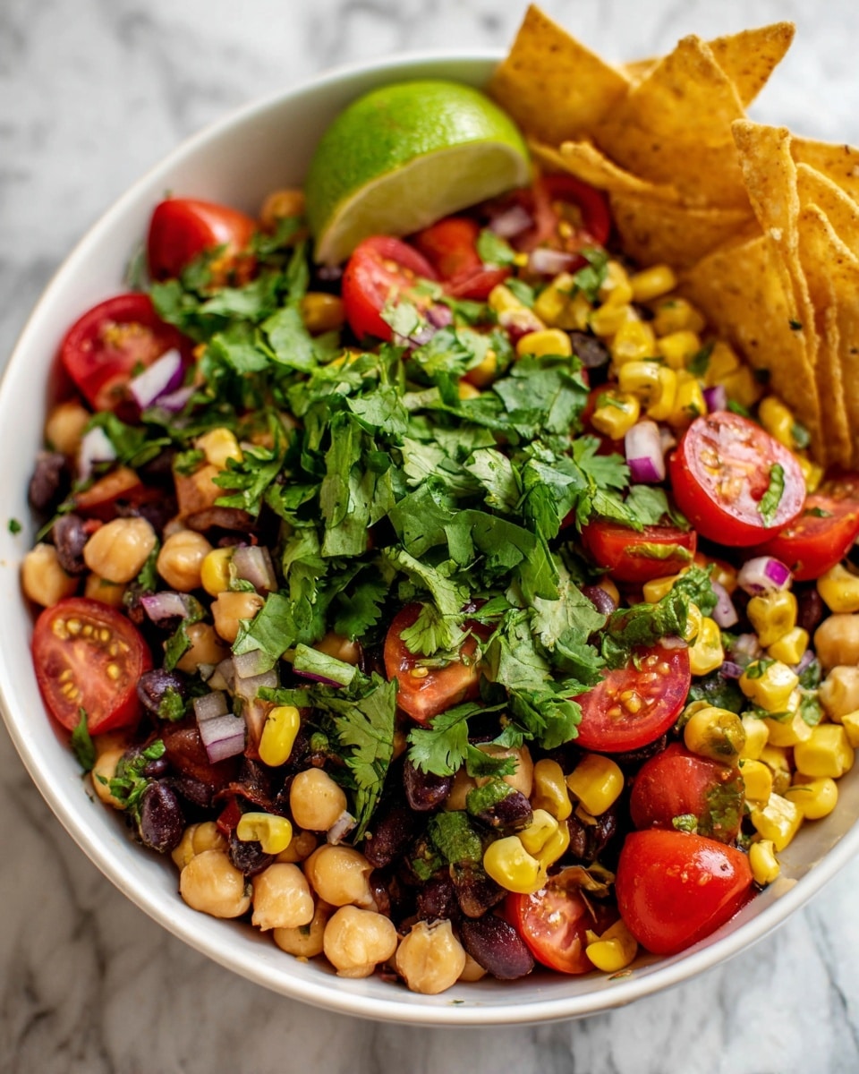 A white bowl filled with a colorful salad showing three main layers: the base layer has small yellow corn kernels and dark black beans, the middle layer holds red cherry tomatoes cut in half and small beige chickpeas, and the top layer is fresh green cilantro leaves scattered all over. There are also small pieces of purple onion mixed throughout. Two crispy golden-brown tortilla chips stick out from the back edge of the bowl, and a lime wedge rests near the chips. The bowl is set on a white marbled surface. Photo taken with an iphone --ar 4:5 --v 7