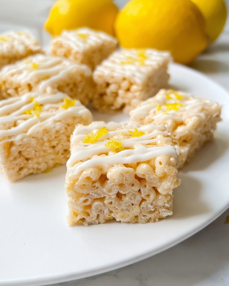 The image shows a close-up of square-shaped crispy treats made from puffed rice cereal, drizzled with white icing and sprinkled with small bits of yellow zest, possibly lemon, on top. They are arranged neatly on a white plate with a clean white marbled background. The treats have a light golden color with a crunchy texture visible from the puffed rice pieces. In the background, out of focus, two whole lemons add a pop of bright yellow color to the white marbled setting. Photo taken with an iphone --ar 4:5 --v 7