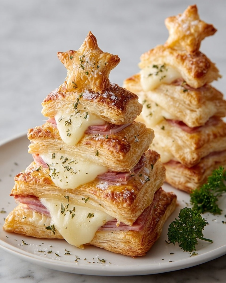 The image shows two Christmas tree-shaped pastries stacked in four layers of golden-brown, flaky puff pastry. Between each pastry layer is melted, creamy white cheese that spills gently over the edges, and thin slices of pink ham peeking through. The top layer is a small star-shaped puff pastry, sprinkled with coarse salt and green dried herbs. The pastries rest on a white plate placed on a white marbled surface, accompanied by small fresh green parsley garnishes. The texture looks crispy and soft with a rich, cheesy topping photo taken with an iphone --ar 4:5 --v 7