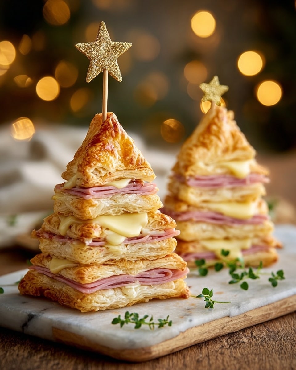Two small sandwich stacks shaped like Christmas trees are placed on a wooden board over a white marbled surface. Each stack has three layers of golden brown, flaky puff pastry, with folded light pink ham and melted creamy yellow cheese between the layers. The top layer is a triangular piece of puff pastry with a shiny, golden baked look, pierced by a small wooden stick holding a glittery gold star at the top. Small green herb leaves are scattered around the base of the sandwiches. The background is softly blurred with warm bokeh lights, giving a cozy, festive feeling. Photo taken with an iphone --ar 4:5 --v 7