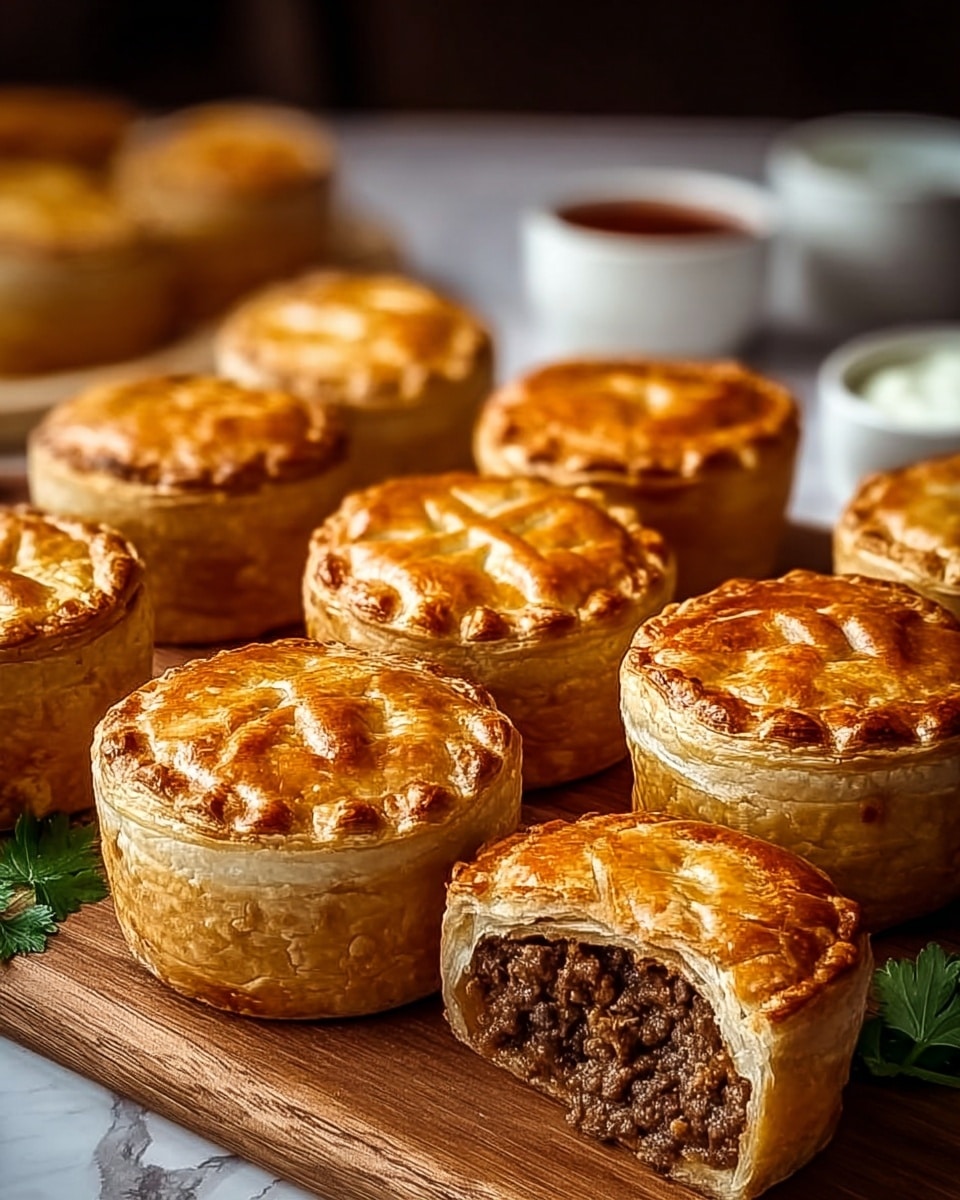 The image shows seven small round meat pies with a golden brown, flaky crust. Each pie has two main layers: a thick, crisp, light brown top crust with a slight shine and a thicker, flaky side crust with visible layers. One pie is cut open, revealing a dark brown, moist, and finely minced meat filling inside. The pies are placed on a wooden board with a white marbled texture in the background. There are two small white bowls with sauces blurred in the back and a small leafy green garnish on the board. Photo taken with an iphone --ar 4:5 --v 7