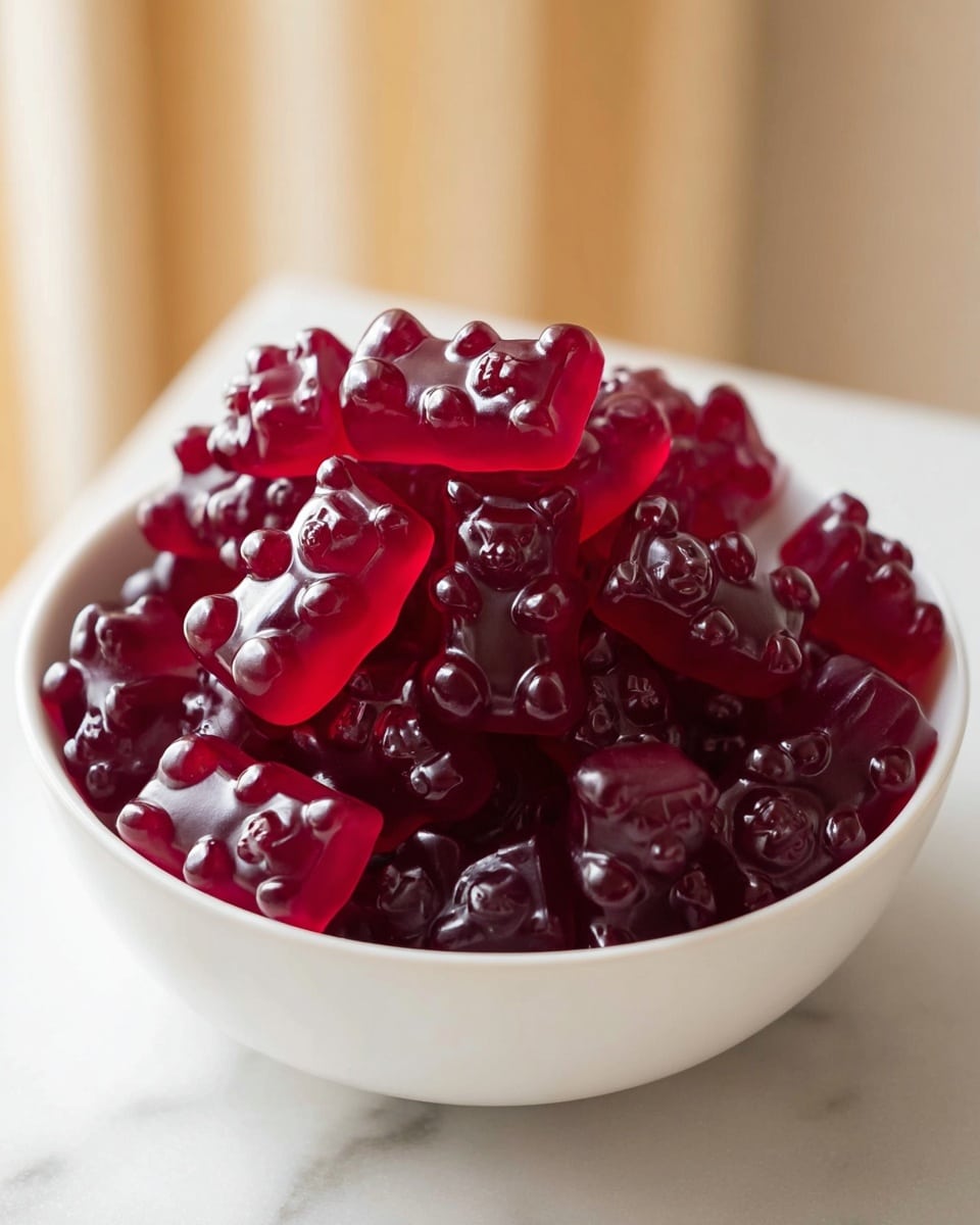A white bowl filled with multiple dark red gummy bears stacked closely together, each gummy bear showing clear details of ears, eyes, arms, and legs with a shiny, smooth texture that reflects light. The bowl is placed on a white marbled surface and is full to the top with the gummy bears sitting upright and slightly leaning on each other. The background is softly blurred with warm, light colors giving a cozy feeling. photo taken with an iphone --ar 4:5 --v 7