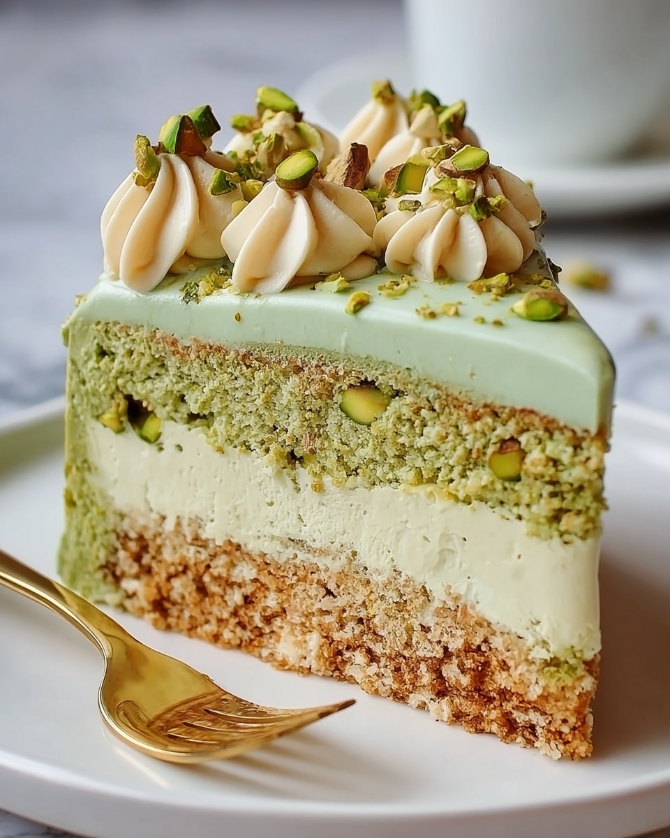 A close-up of a three-layered slice of cake on a white plate with a gold fork beside it, resting on a white marbled surface. The bottom layer is a crumbly, light brown crust. Above it is a creamy, pale green filling layer that looks smooth and soft. The top cake layer is a spongy, light green color with a crumbly texture. Covering the top and sides is a thick, smooth layer of pale green frosting. The cake is decorated with small dollops of light beige cream, each topped with whole and chopped green pistachio nuts. Photo taken with an iphone --ar 4:5 --v 7