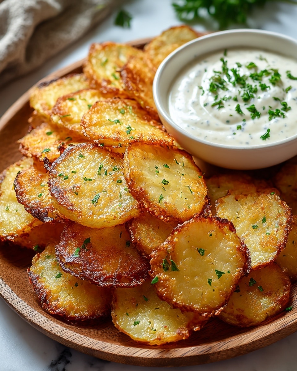 A wooden round plate filled with two layers of golden-brown fried potato slices, each piece showing a crispy, crunchy texture with slightly charred edges and sprinkled with small green parsley flakes. The potato slices are stacked loosely, some overlapping, revealing their light yellow centers. On the top right side of the plate sits a white bowl filled with creamy white dipping sauce, garnished with finely chopped parsley. The plate rests on a white marbled surface with a soft focus background that hints at greenery and some blurred fabric. photo taken with an iphone --ar 4:5 --v 7