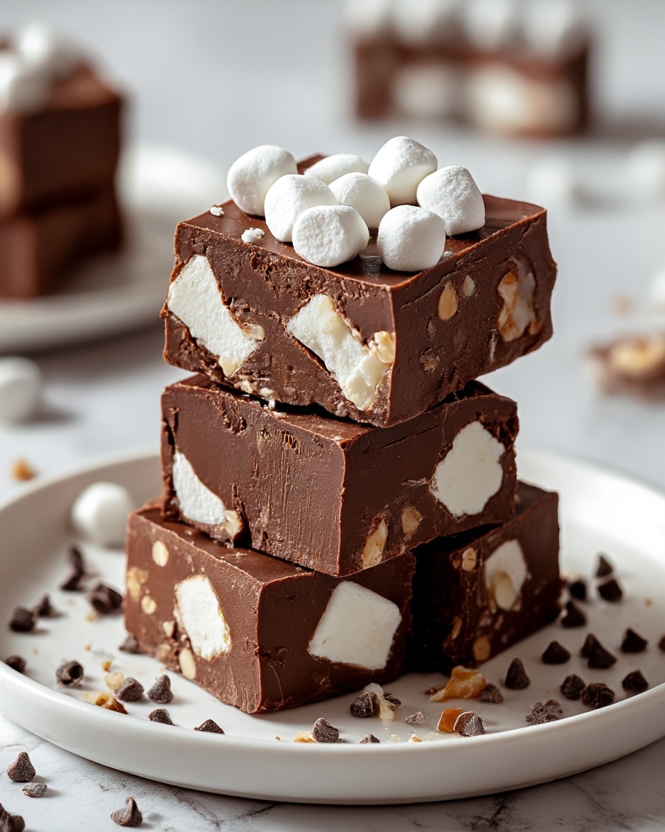 The image shows a stack of four square pieces of chocolate fudge with large white marshmallow chunks inside each piece. The top piece is decorated with small whole white marshmallows. The fudge has a smooth, glossy dark brown chocolate surface, with soft white marshmallows embedded within, visible on the cut sides. The stack sits on a white plate sprinkled with small dark chocolate chips and bits of crushed nuts. The background and surface have a white marbled texture, adding brightness to the rich dessert. photo taken with an iphone --ar 4:5 --v 7