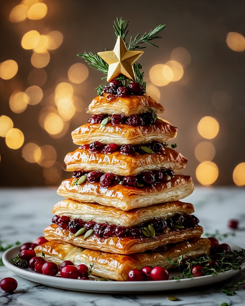 A tall stack of five golden-brown, shiny puff pastry squares, arranged from largest at the bottom to smallest at the top, forms a Christmas tree shape. Between each layer, there are bright red cranberries mixed with green pumpkin seeds and small green herb leaves, adding color contrast and texture. The top of the stack is decorated with a sprig of fresh green rosemary and a small golden star ornament. The whole stack sits on a white plate with some extra cranberries and herbs scattered around its base. The background has warm, soft bokeh lights and the surface is a white marbled texture. Photo taken with an iphone --ar 4:5 --v 7