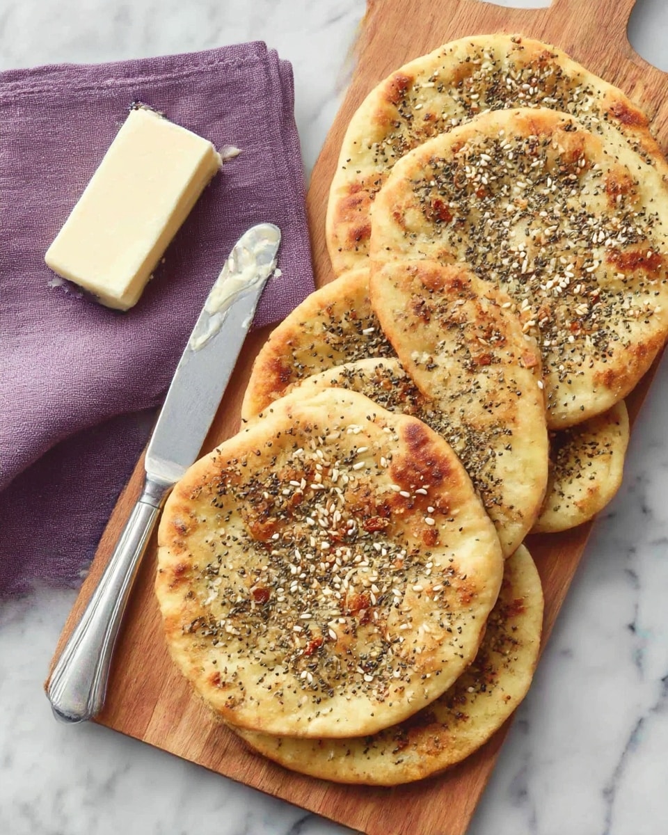 A wooden board holds four round, flatbreads that are light golden brown with a slightly crispy edge. Each flatbread is topped with a mix of black seeds, white sesame seeds, and small pieces of toasted brown bits, giving a speckled look. To the left, on the board, there is a silver knife with a white block of butter resting on its blade. A folded purple cloth napkin is placed near the top left corner of the board. The background shows a white marbled surface. photo taken with an iphone --ar 4:5 --v 7
