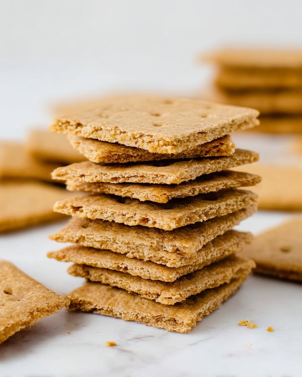 A close-up of a stack of eight square, light brown graham crackers with a crumbly texture is placed on a white marbled surface, with several more crackers scattered blurred in the background. The crackers show small holes and rough edges, emphasizing their crunchy appearance. The colors are warm and natural, with the focus on the layered crackers standing neatly on top of each other. Photo taken with an iphone --ar 4:5 --v 7