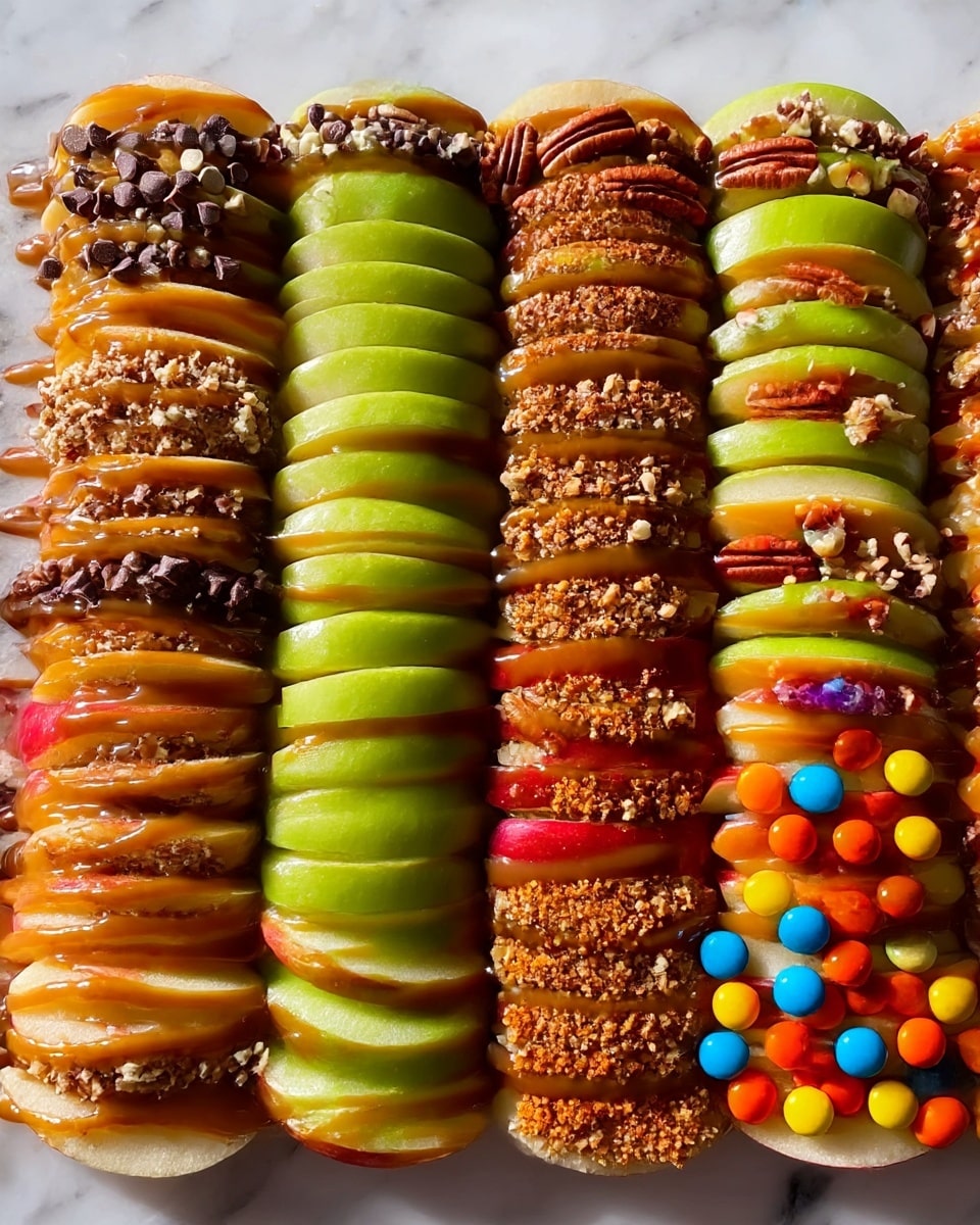 The image shows five neat rows of thin apple slices laid out on a white marbled surface. The first row has apple slices covered with a drizzle of caramel sauce and topped with crushed nuts and small chocolate pieces, creating a mix of golden brown, dark brown, and light beige textures. The second row features green apple slices topped with chopped pecans scattered evenly, giving a mix of shiny green and rough brown nut textures. The third row consists of apple slices with caramel drizzle and a thick line of crushed nuts and chocolate pieces down the center, mixing orange-brown caramel with dark brown crunch. The fourth row has slices of red apple topped with a caramel drizzle and sprinkled with a different nut crumble, showing red, light brown, and golden caramel colors. The last row shows apple slices decorated with bright candy pieces in orange, yellow, purple, green, and blue, arranged on top of the red apple, mixing smooth shiny candy with the apple’s texture. The overall look is colorful and neatly organized. photo taken with an iphone --ar 4:5 --v 7