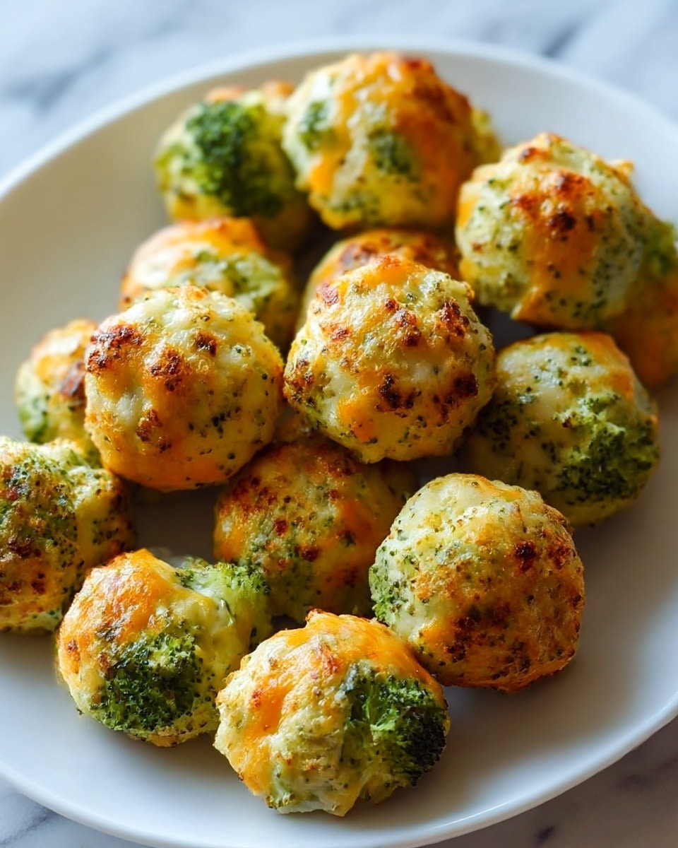 A white plate filled with round, bite-sized broccoli cheese balls. Each ball shows a textured outer layer that is golden brown with crispy, small dark brown spots from baking. The green broccoli pieces peek through the melted yellow cheese mixed throughout. The balls have an uneven surface with melted cheese patches in various shades of light orange and cream. The background is a white marbled texture, softly blurred to keep the focus on the plate of balls. photo taken with an iphone --ar 4:5 --v 7