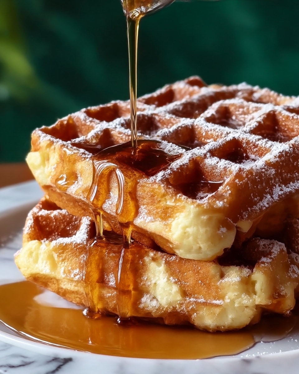 A close-up image showing two thick, golden brown waffles stacked on top of each other on a white plate, with syrup being poured over the top waffle, filling the deep square pockets, making it shiny and wet. The waffles have a crispy texture with light and dark browned areas. They are sprinkled with white powdered sugar, adding a soft contrast on top. The syrup flows down the sides, pooling slightly on the white plate below. The scene is set on a white marbled surface with a blurred dark green background. Photo taken with an iphone --ar 4:5 --v 7