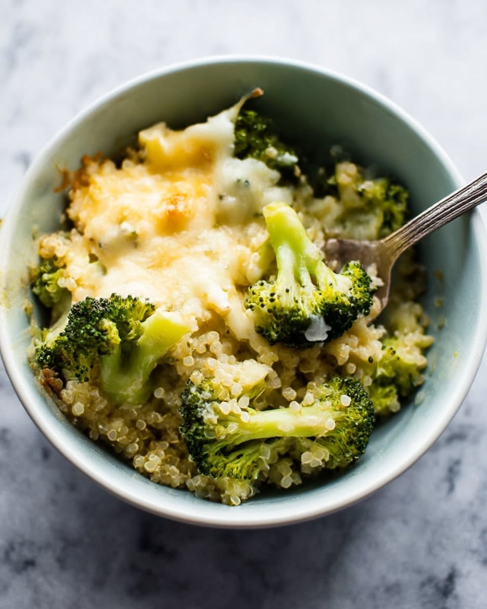 The image shows a white bowl filled with a dish made in two main layers: the bottom layer is cooked light green broccoli florets mixed with small bits of grain that look soft and slightly fluffy, and the top layer is melted cheese that is white and golden in some parts with a smooth and slightly bubbly texture. A spoon is partially visible in the bowl, inserted into the food, and the bowl sits on a white marbled surface. photo taken with an iphone --ar 4:5 --v 7
