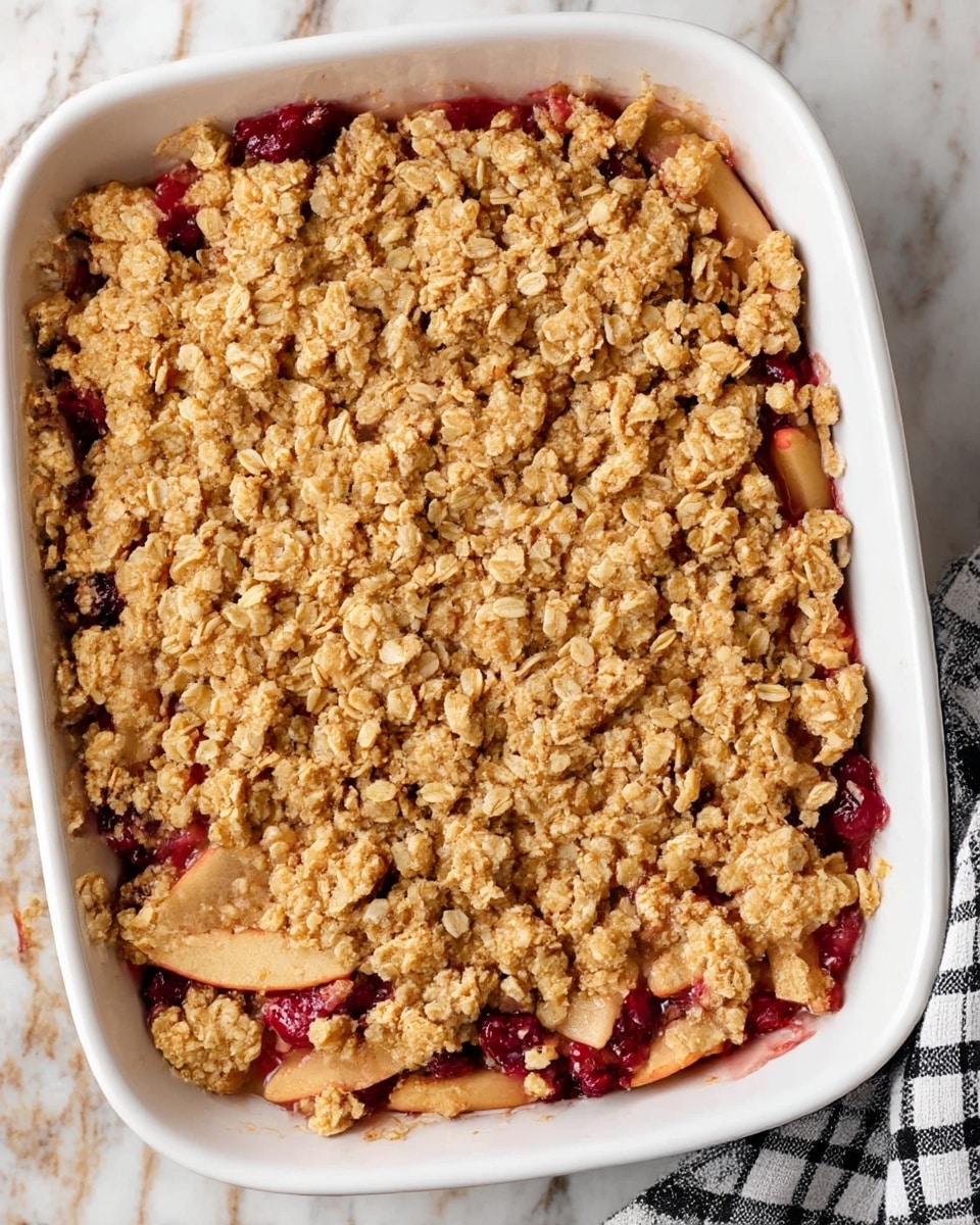 A white baking dish filled with a fruit crisp showing two main layers: at the bottom, a mix of red berries and thin pale slices of what looks like apple or pear, partially visible through gaps; on top, a thick, uneven layer of golden oat crumble that covers the fruits almost fully, with a rough texture made of large oat clusters. The dish rests on a white marbled surface with a black and white checkered cloth partially visible on the right side. Photo taken with an iphone --ar 4:5 --v 7