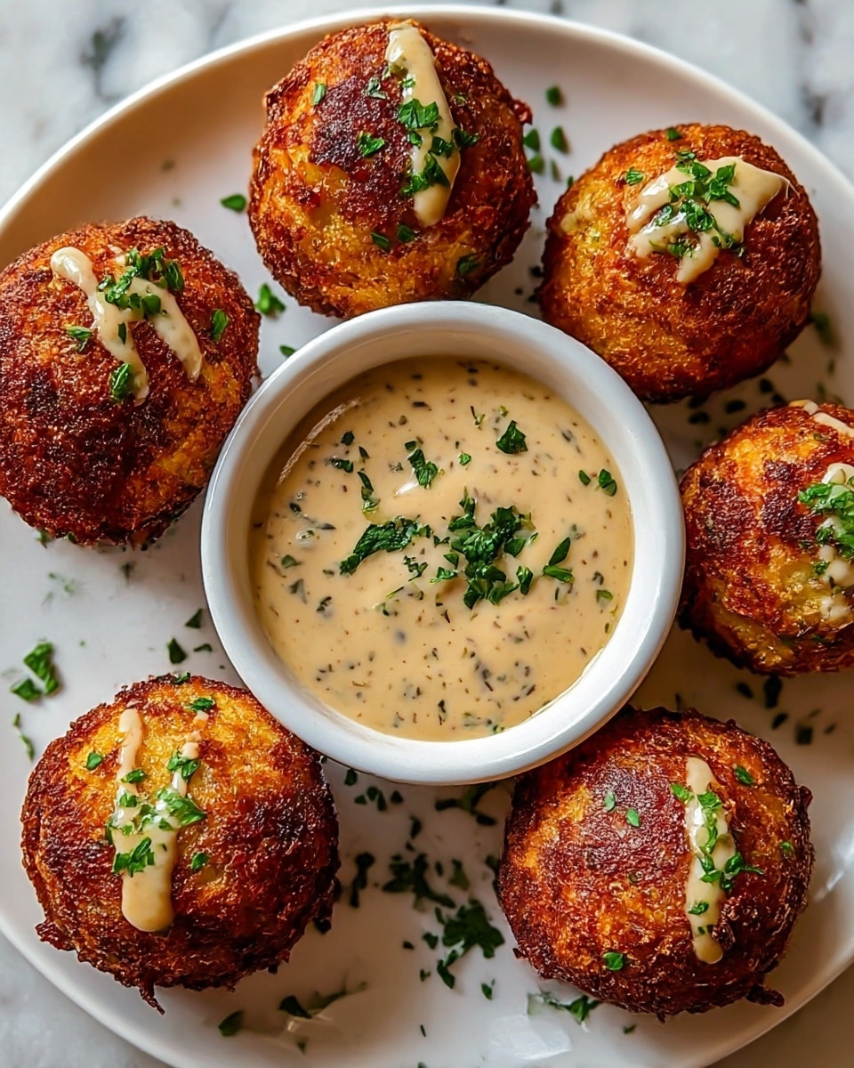 A white plate with seven golden brown, crispy fried balls arranged around a small white bowl filled with a creamy beige sauce speckled with herbs. Each fried ball has a slightly rough texture with darker crispy edges and is topped with a small drizzle of the same creamy sauce and sprinkled with chopped fresh green herbs. The white plate sits on a white marbled surface, and the whole scene is brightly lit, emphasizing the rich colors and textures. Photo taken with an iphone --ar 4:5 --v 7