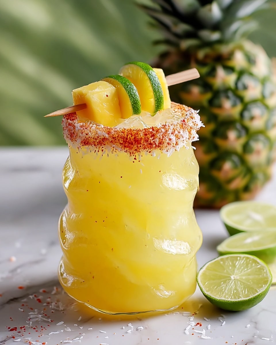 A clear glass with a wavy shape is filled with a bright yellow drink and ice cubes, showing some texture inside. The rim of the glass is covered with a mix of white shredded coconut and red chili powder, giving it a rough look. On top of the glass, there is a wooden skewer holding three pieces of yellow pineapple chunks and two thin green lime slices. Behind the glass is a large green pineapple with a sharp texture, blurred out, and the whole scene is set on a surface with a white marbled texture, with two lime slices and some coconut flakes scattered around. photo taken with an iphone --ar 4:5 --v 7