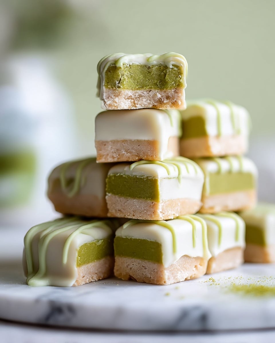 This image shows a close-up of six small rectangular treats stacked in a pyramid on a white marbled surface. Each treat has three layers: the bottom layer is a light beige crumbly base, the middle layer is a thick, smooth green filling, and the entire treat is coated in a shiny, light cream-colored glaze. Light green drizzle decorates the top of each piece, adding texture and visual interest. One treat is cut in half and placed on top, showing the inside layers clearly. The background is soft and blurred with light green and cream tones. photo taken with an iphone --ar 4:5 --v 7
