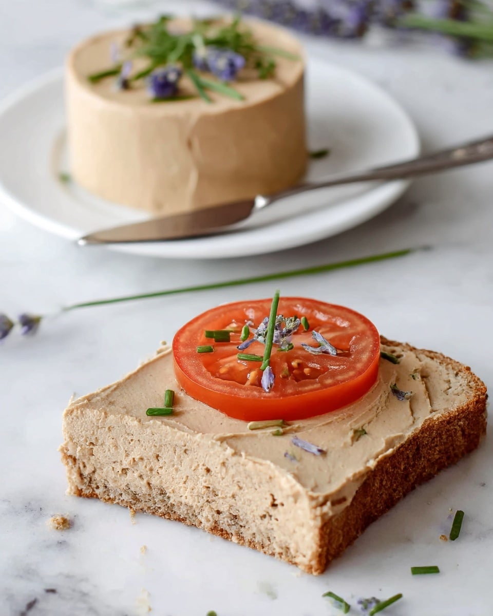 A close-up of a small piece of toasted bread held by a woman's hand, with three visible layers; the bottom layer is rough, golden-brown toasted bread with a crunchy texture, the middle layer is a smooth, light brown spread evenly covering the bread, and the top layer is a single fresh, bright red tomato slice with visible seeds and moisture, garnished with small pieces of chopped green herbs and coarse salt crystals. The background shows a white marbled surface with a blurred white plate holding more slices of bread. Photo taken with an iphone --ar 4:5 --v 7