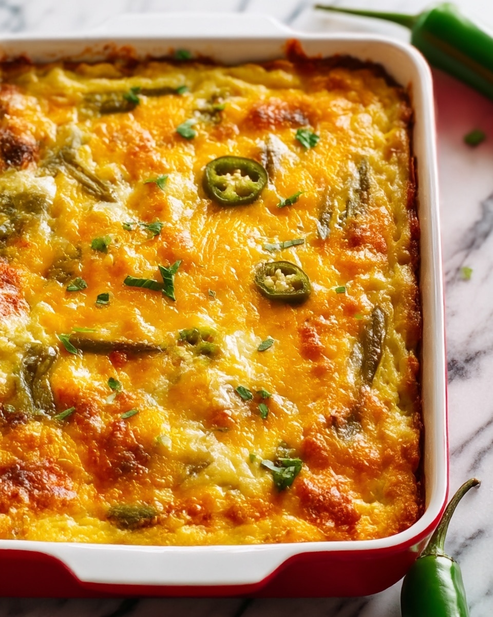 The image shows a baked casserole in a white rectangular dish with a red outer edge. The top layer is golden yellow and orange melted cheese with some green chili peppers scattered across the surface. The cheese looks bubbly and slightly browned in spots. Some small pieces of fresh herbs are sprinkled on top, adding bits of green color. The casserole edges are slightly browned and crispy. The dish is placed on a white marbled surface with a green chili pepper visible on the side. photo taken with an iphone --ar 4:5 --v 7