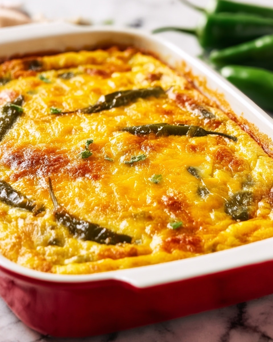 The image shows a baked egg casserole in a white baking dish with a smooth red outer edge. The top layer is golden yellow with melted and slightly browned cheese spread evenly. Interspersed throughout the dish are whole green chili peppers that add pops of darker green color. The surface has a slightly bubbly texture from the melted cheese, and some small green herb pieces are visible as garnish. The dish sits on a white marbled surface with blurred green chili peppers in the background. photo taken with an iphone --ar 4:5 --v 7