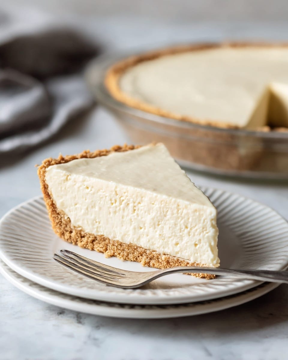 A slice of creamy white cheesecake with two visible layers sits on a white plate with delicate ridges around the edge. The bottom layer is light brown with a crumbly texture, suggesting a graham cracker crust, while the top thicker layer is smooth and pale cream, looking soft and dense. The slice is in focus with a silver fork beside it on the plate, and behind it, a clear pie dish holds the rest of the cheesecake. The scene is set on a white marbled surface with a soft, natural light. photo taken with an iphone --ar 4:5 --v 7