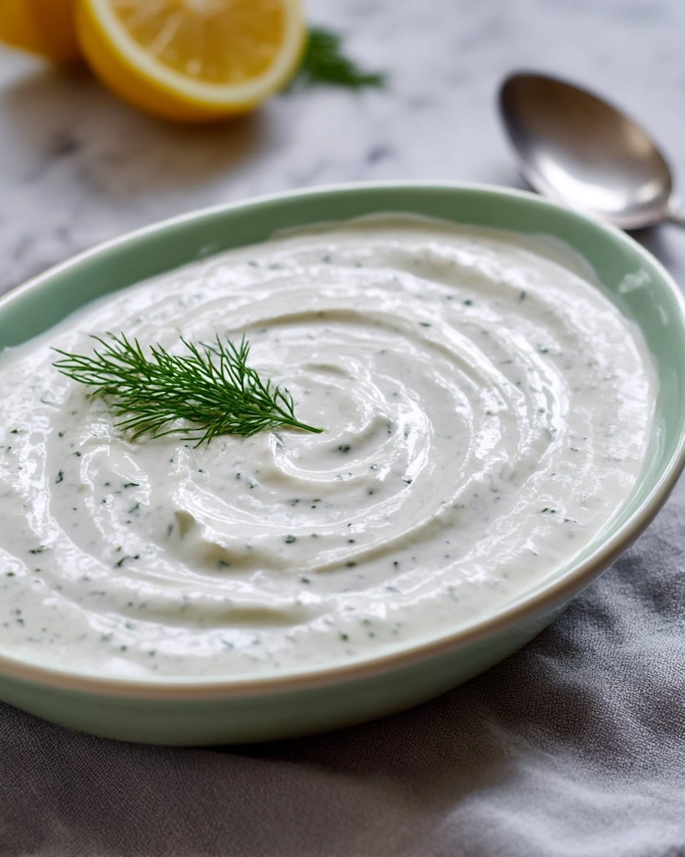 A close-up of a white creamy sauce with small green herb pieces mixed in, sitting in a shallow white oval bowl with a light green rim. The sauce has a smooth, slightly thick texture with gentle swirls on the surface. A small sprig of fresh green dill is placed on top of the sauce near one edge. The bowl is set on a soft, light gray cloth, with a silver spoon and half a lemon visible in the blurred background on a white marbled texture. photo taken with an iphone --ar 4:5 --v 7